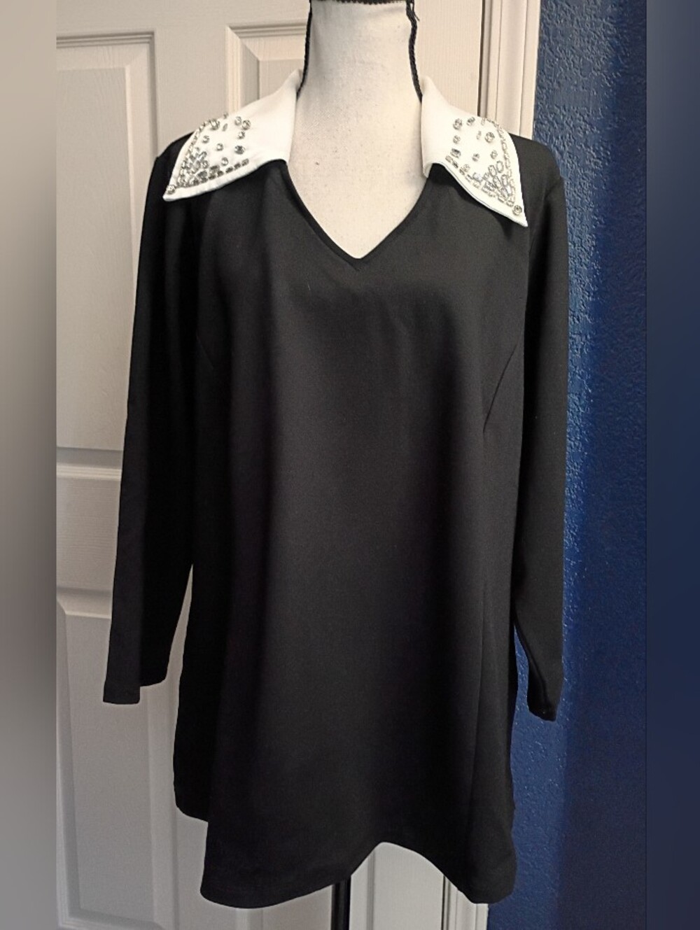 Black Tunic Top with Embellished White Collar